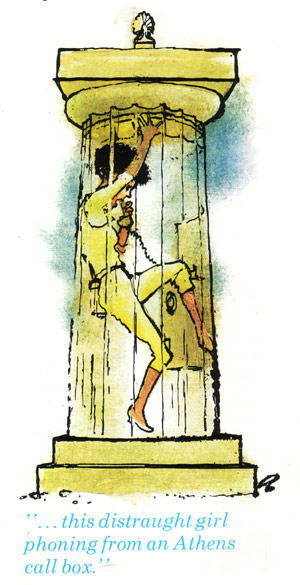 ... this distraught girl phoning from an Athens call box
George Worsley Adamson
illustration for the article Reid all about it
British Airports World, April 1983